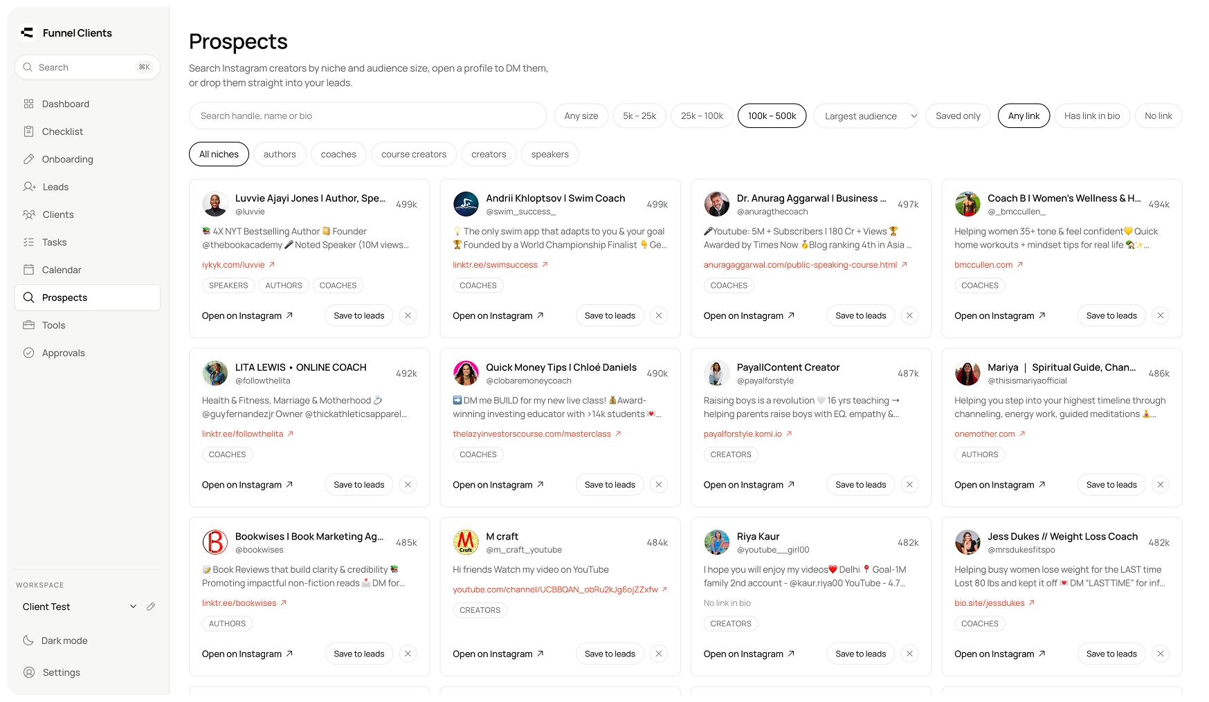 Funnel Clients prospect finder with creator profiles and audience filters