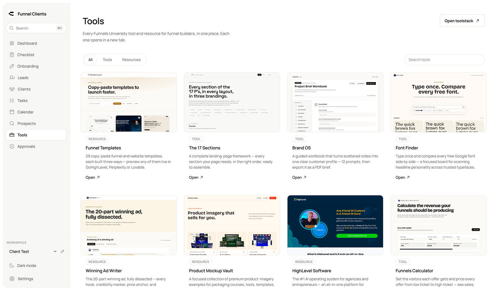 Funnel Clients tools library with funnel templates, workbooks and calculators