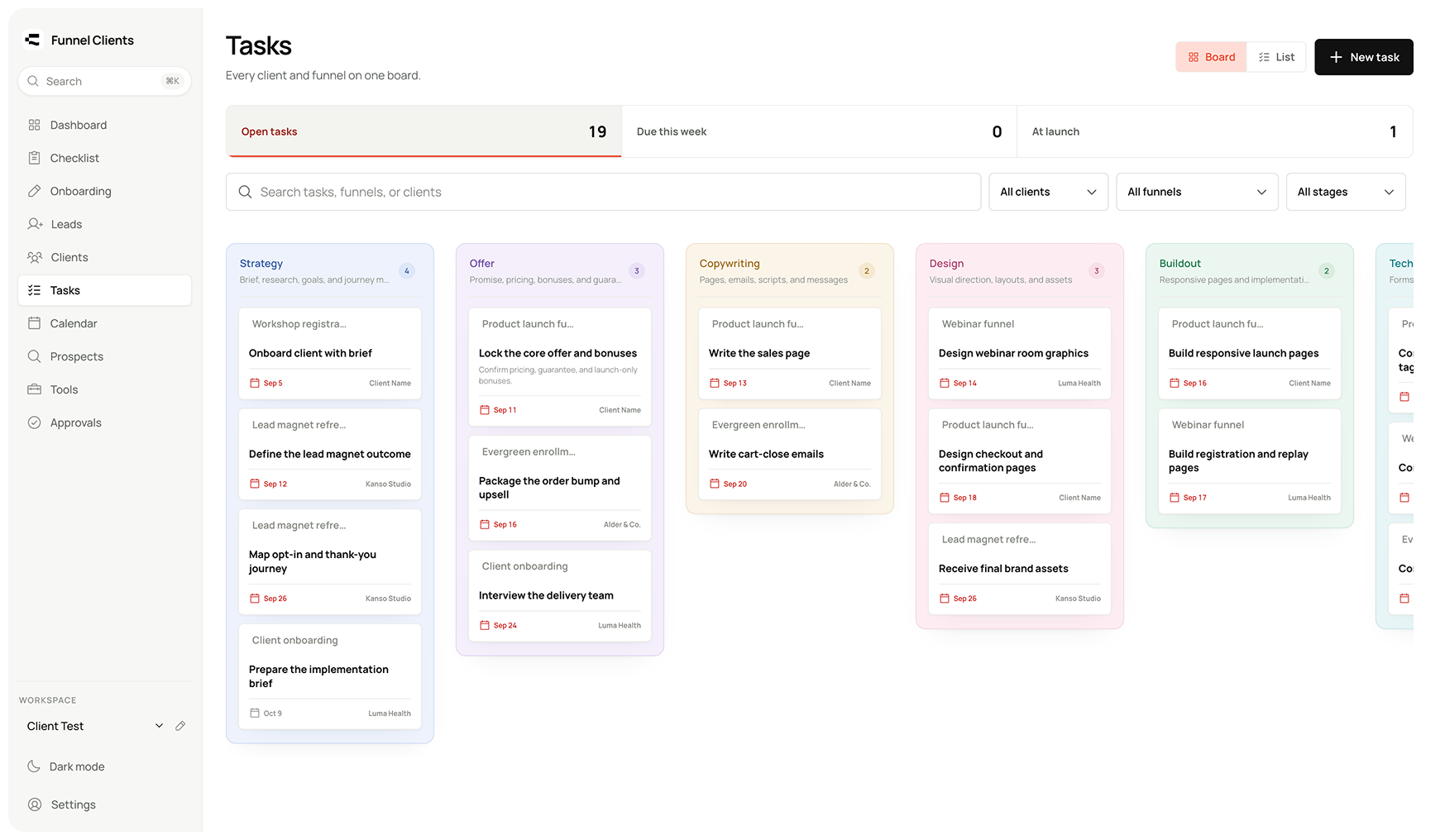 Funnel Clients task board organized by strategy, offer, copywriting, design and buildout