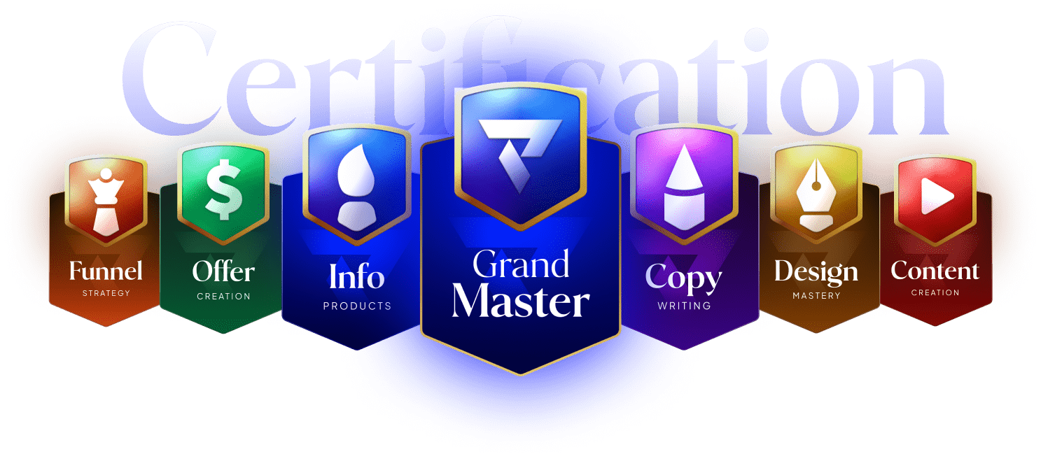 Fullstack Certification badges for Funnel Strategy, Offer Creation, Info Products, Grand Master, Copy Writing, Design Mastery and Content Creation